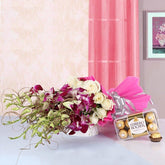 Purple Orchids n White Roses with Ferrero Rocher Chocolates